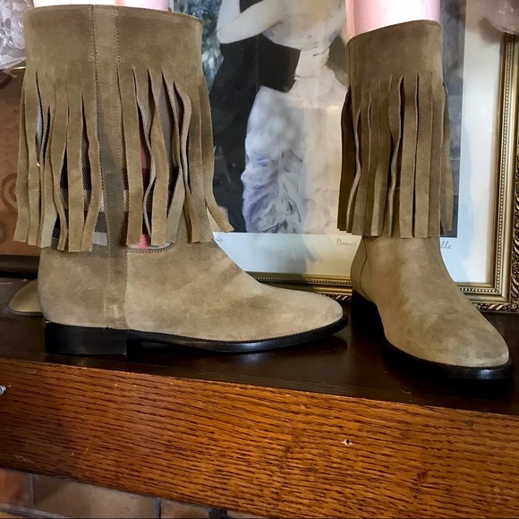 BURBERRY "NORLAND" TAN SUEDE FRINGE BOOT WITH NOVA CHECK TWILL PATTERN (36) - Picture 6 of 15